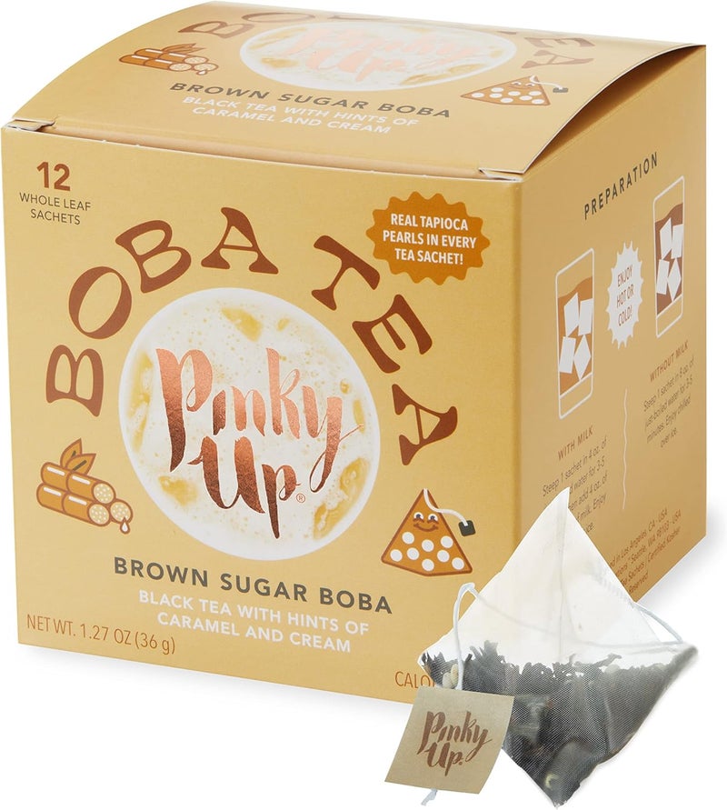 Pinky Up Brown Sugar Boba Tea Sachets - 12 Biodegradable Whole Leaf Black Tea Bags - Image 1